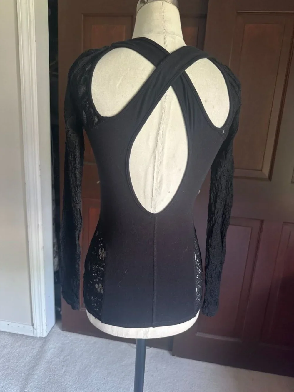 free people black lace top and sleeves with cut out back XS